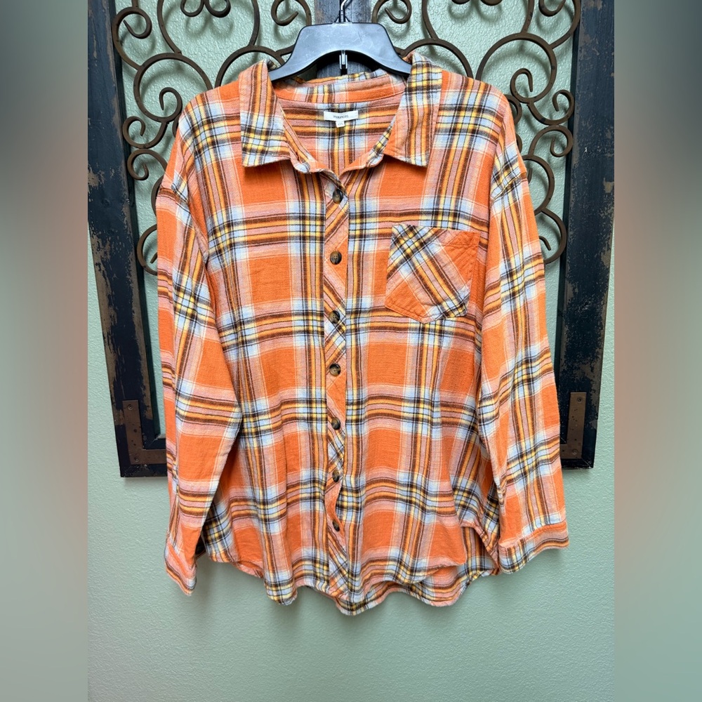 Maurices Vibrant Orange Plaid Shirt - Picture 3 of 7